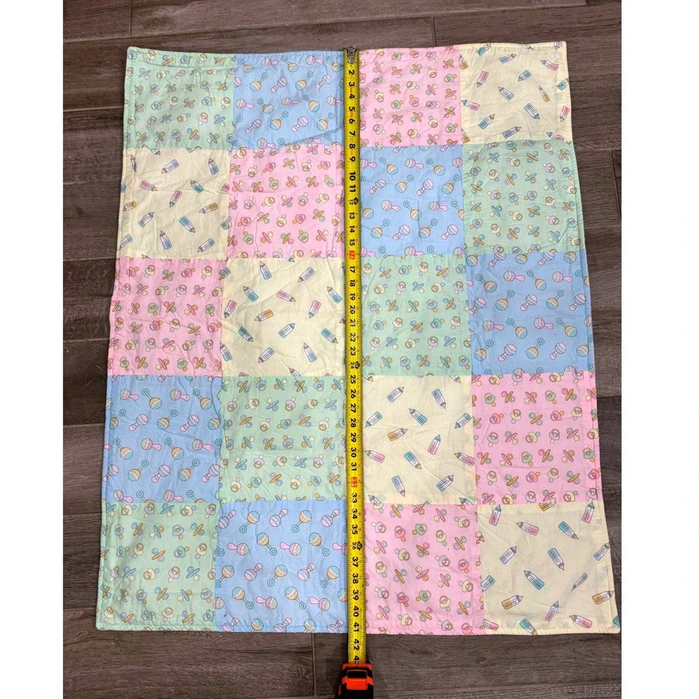 Handmade Baby Quilt 42x33 Pastel Patchwork Rattle Pacifier Bottle Crib Blanket